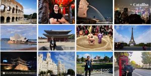 Varias fotografías de Catalina viajar por el mundo. Tokio, Seul, París, Singapur, HongKong, Sydney, Madrid, Ámsterdam, Roma.